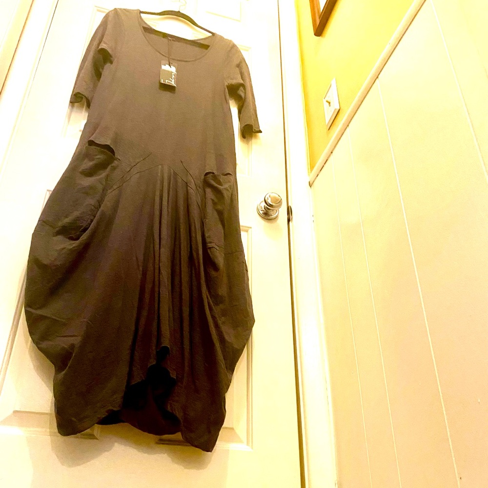 John P lifestyle dress from Greece organic cotton one size  Grey 3/4 sleeve